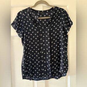 Ann Taylor Navy Short-Sleeve Floral V-Neck Blouse
